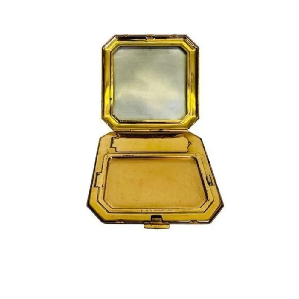 Vintage Elgin American‎ Embroidery Brass Compact Pink Floral 2.5
